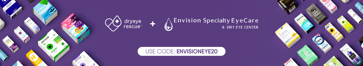 Purple banner displaying various eye care product boxes from Dry Eye Rescue and Envision Specialty EyeCare. Text includes USE CODE: ENVISIONEYE20 in a white box at the center bottom.