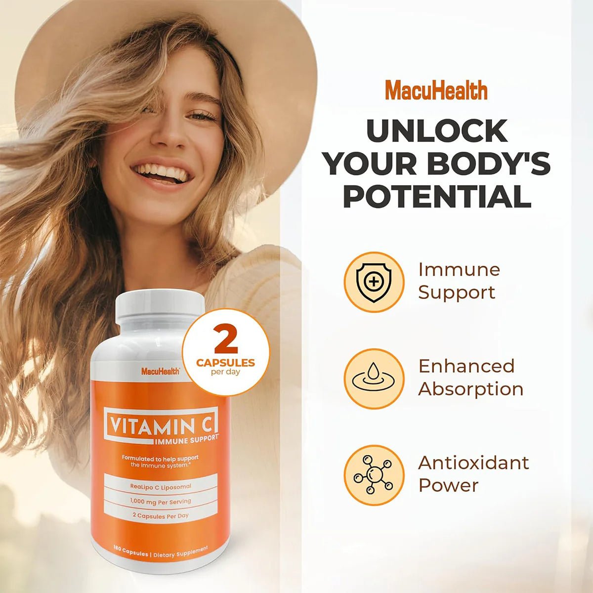Macuhealth Liposomal Vitamin C 1000MG Per Serving - High Bioavailablity Vitamin with Fat-Soluble Antioxidants and Enhanced Absorption (180ct) - Dryeye Rescue