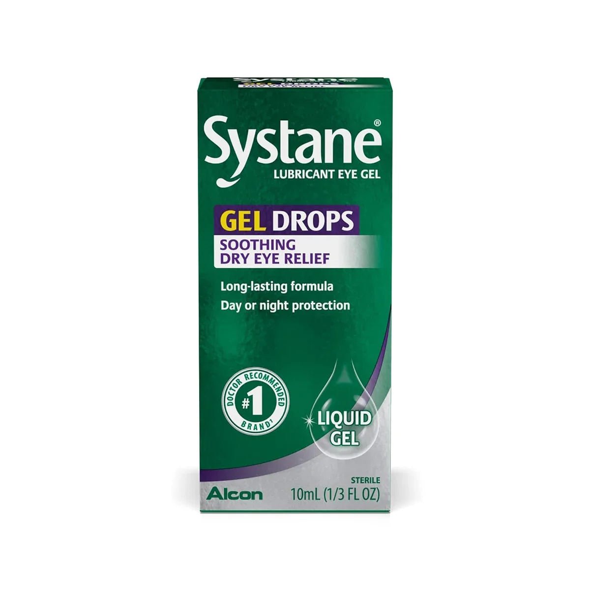 Systane Gel Drops carton turned slightly to show its green front and side