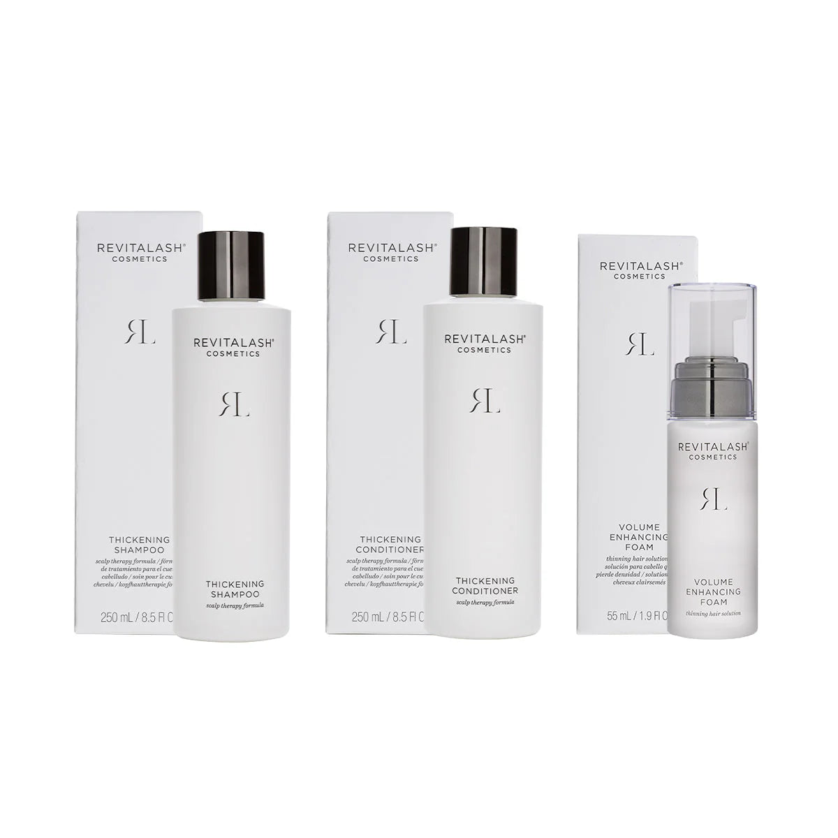 RevitaLash Volumizing Hair Collection Bundle (Thickening Shampoo 250mL, Thickening Conditioner 250mL, Volume Enhancing Foam 55mL)