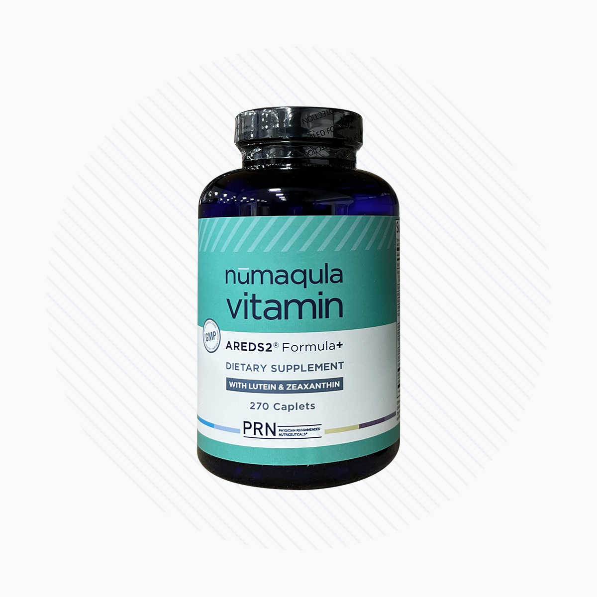 A dark blue bottle of PRN nūmaqula Vitamin - AREDS2 Based Formula+ for Advanced Macular Support is shown, featuring 270 caplets with antioxidants like lutein and zeaxanthin. The black-capped bottle has a teal and white label, set against a light circular-patterned background.