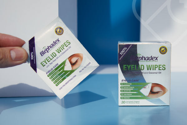 A hand holds a packet of Blephadex Eyelid Wipes next to a box. The packaging highlights its key benefits: moisturize, soothe, and hygiene, using tea tree and coconut oil. The box contains 30 wipes.
