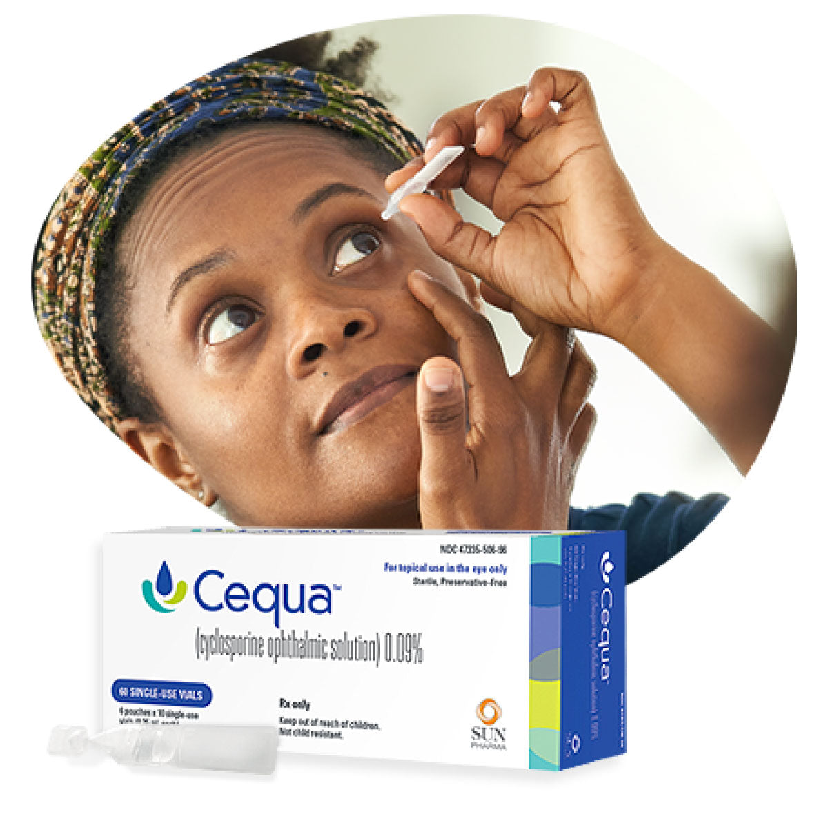 African american woman putting Cequa drops on her eye