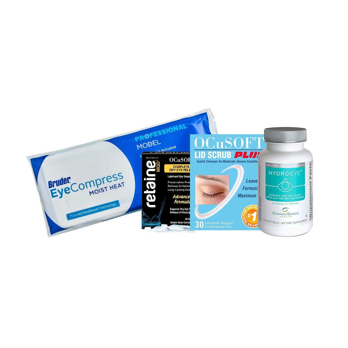 The Moderate Dry Eye Bundle by DryEye Rescue includes a Bruder Eye Compress, Retaine eye drops, OCuSOFT lid wipe pads, and HydroEye softgels with Omega-3. Each product is crafted for dry eye relief and supports overall eye health.