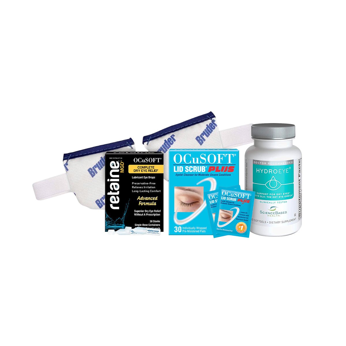 The Moderate Dry Eye Bundle by DryEye Rescue features Bruder heat compress, Retaine eye drops, OCuSOFT lid scrub, and HydroEye supplements with Omega-3. Ideal for dry eye relief, all items are set against a plain white background.