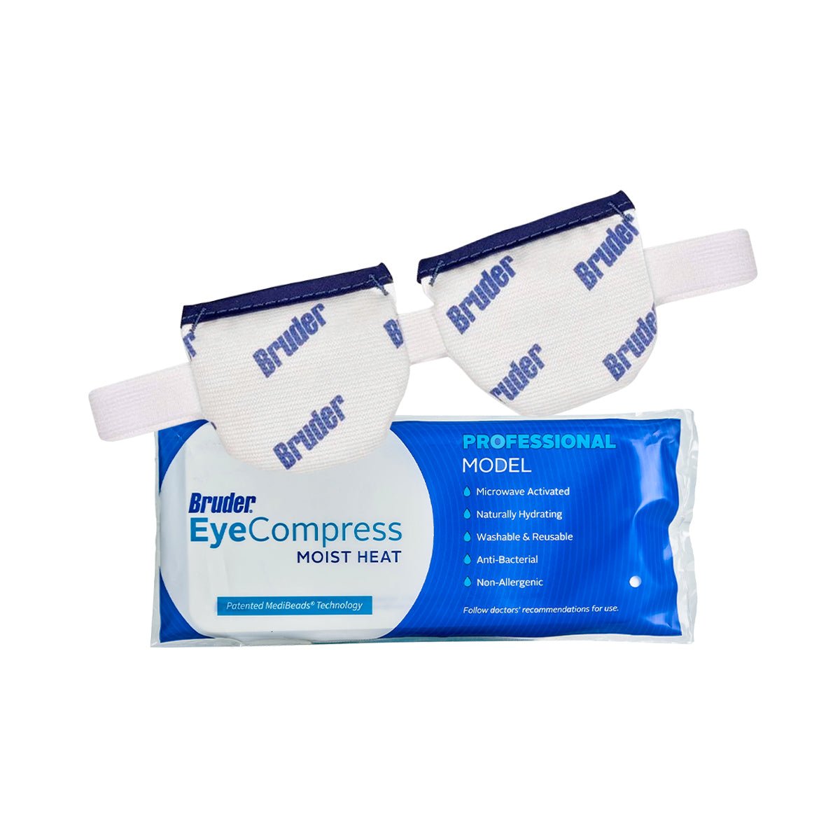 Blue and white Moderate Dry Eye Bundle moist heat eye masks by DryEye Rescue, highlighted with microwave activation, natural hydration, reusability, and adjustable straps, rest beside their packaging—perfect for dry eye relief.