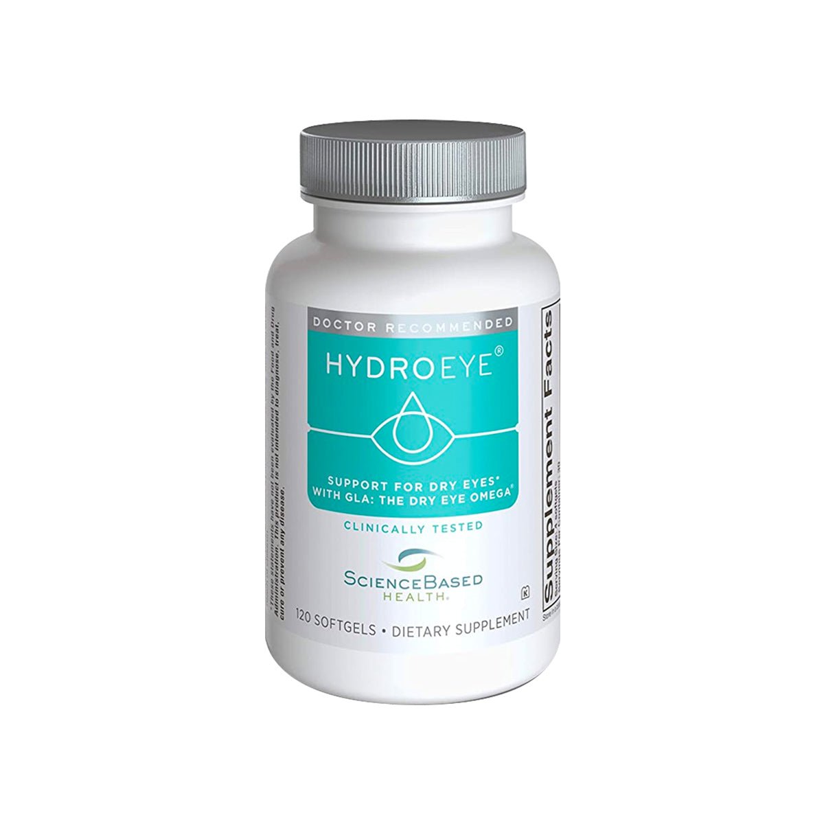 The Moderate Dry Eye Bundle by DryEye Rescue features a white bottle, 120 softgels, and a gray cap. It promises dry eye support with GLA and Omega nutrients, ensuring doctor-recommended and clinically tested results as part of a comprehensive supplement.