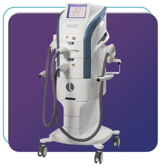 A sleek, white and blue medical laser device on wheels against a gradient purple background. It has a digital display on top and multiple handpieces attached, likely for cosmetic or dermatological treatments.