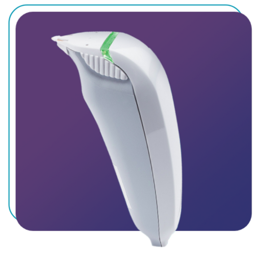 A white handheld electronic device with a curved design, featuring a textured grip and a green accent near the top. It is set against a gradient purple background.