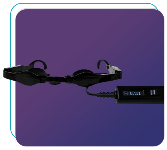 Black smart glasses connected to a small device with a digital display showing H 07:31. The background is a gradient from dark purple to blue.