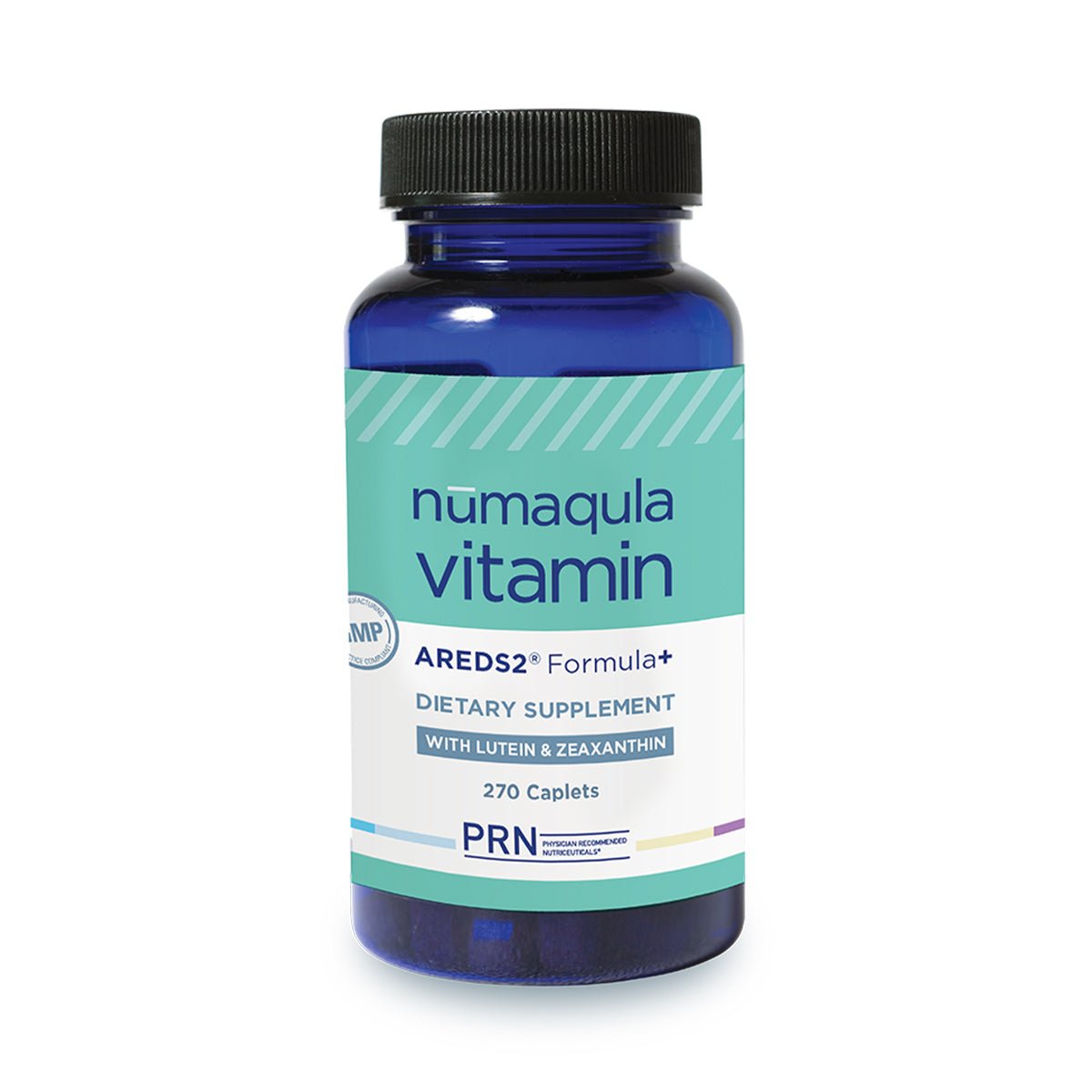 The PRN nūmaqula Vitamin, an AREDS2-based eye care supplement from PRN - Physician Recommended Nutriceuticals, comes in a 270-caplet blue bottle with a turquoise label. It includes lutein and zeaxanthin for enhanced macular support.