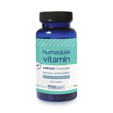 The PRN nūmaqula Vitamin, an AREDS2-based eye care supplement from PRN - Physician Recommended Nutriceuticals, comes in a 270-caplet blue bottle with a turquoise label. It includes lutein and zeaxanthin for enhanced macular support.