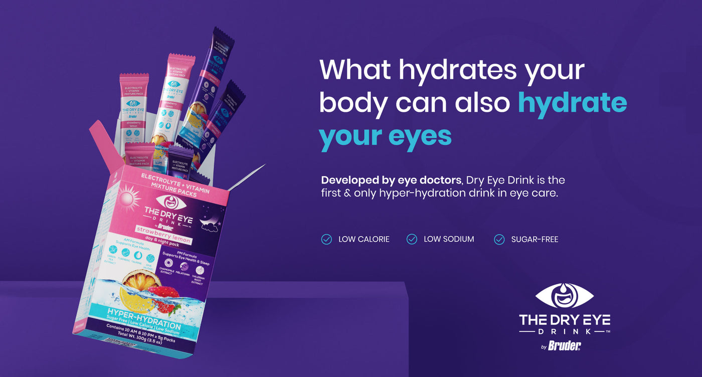 A display of The Dry Eye Drink box with various flavored drink packets. Text reads: What hydrates your body can also hydrate your eyes. Features include low calorie, low sodium, and sugar-free. Developed by eye doctors.