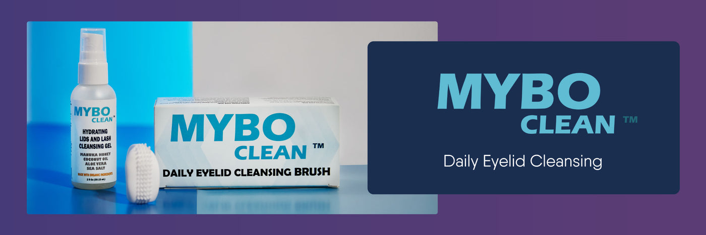 A MYBO Clean eyelid hygiene product set, including a spray bottle, a cleaning brush, and a box labeled Daily Eyelid Cleansing Brush. The background has blue and purple tones, with the MYBO Clean logo and Daily Eyelid Cleansing text.