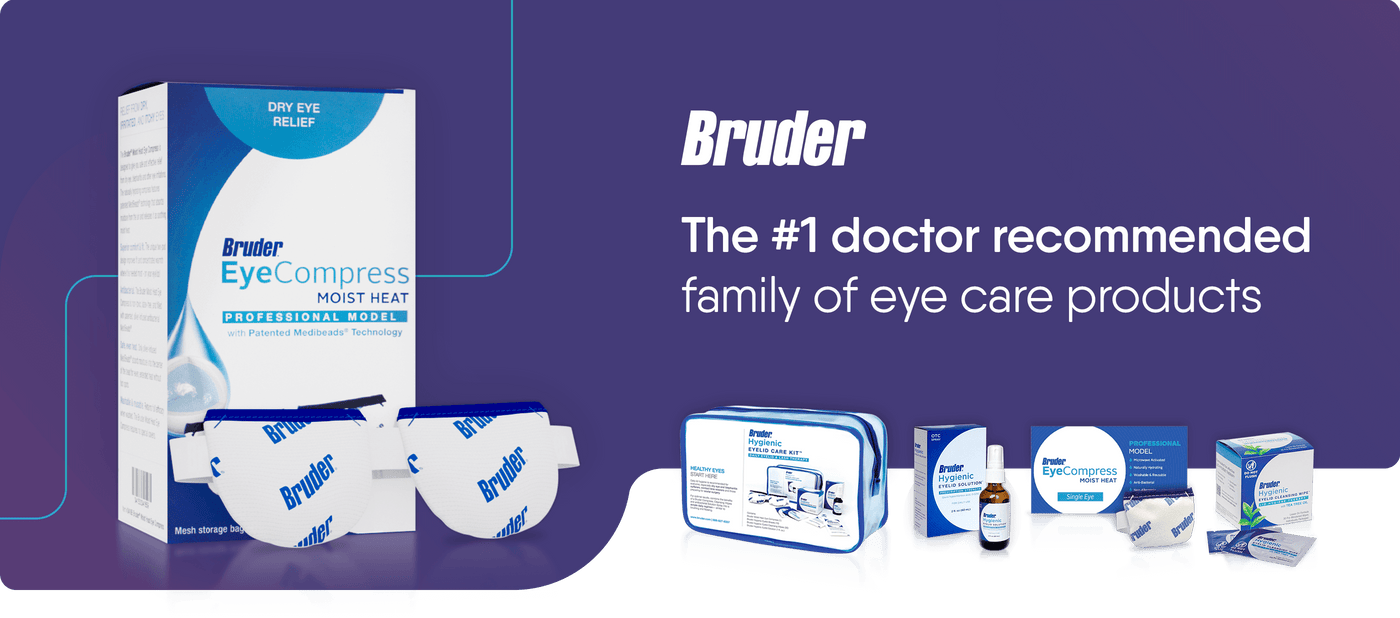 Packaging for Bruder eye care products displayed, including EyeCompress and other items against a purple background with text stating, The #1 doctor recommended family of eye care products.