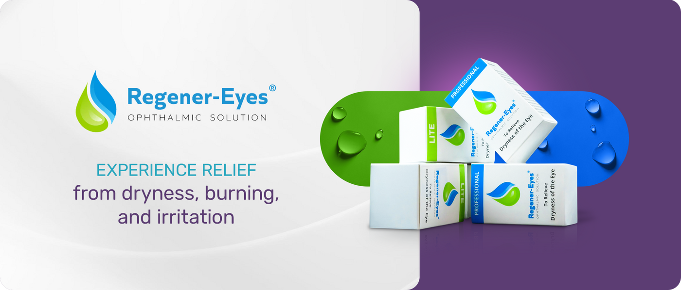 Promotional image for Regener-Eyes ophthalmic solution. Features the product logo with text: Experience relief from dryness, burning, and irritation. Shows several boxes of the product against a colorful, abstract background.