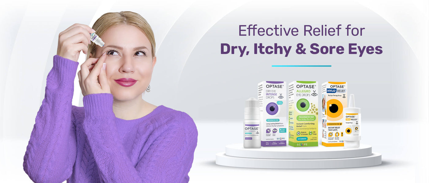 A person in a purple sweater applies eye drops. In the background, theres text reading Effective Relief for Dry, Itchy & Sore Eyes next to images of various Optase eye care products.