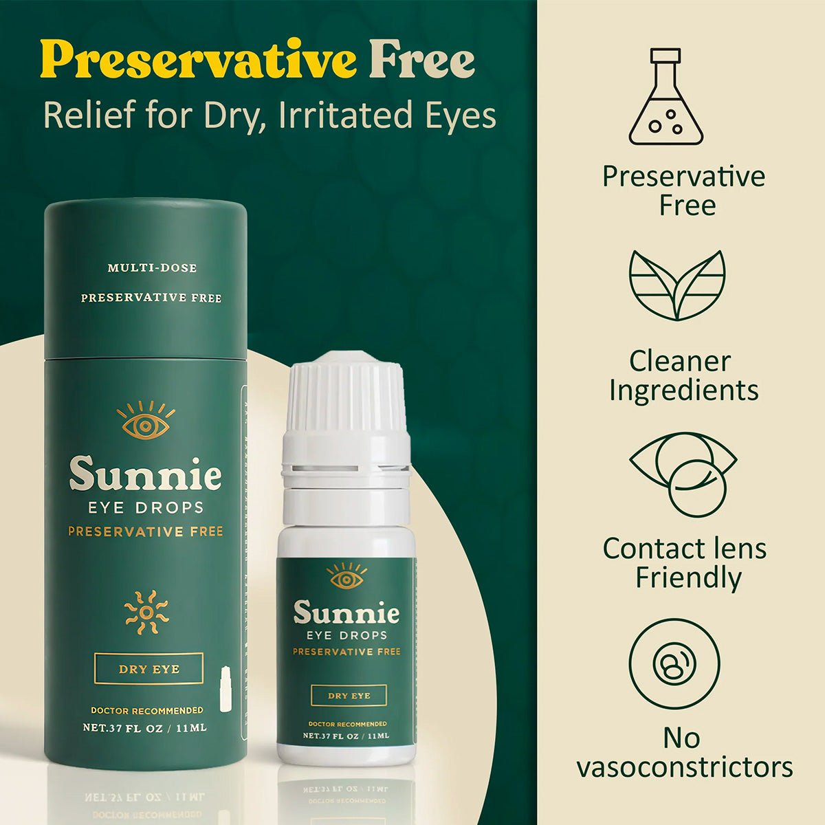 Sunnie Preservative - Free Eye Drops for Dry Eyes, (11ml), Multi - Dose Lubricating Drops with Glycerin 0.5% – for Daily Comfort - Dryeye Rescue