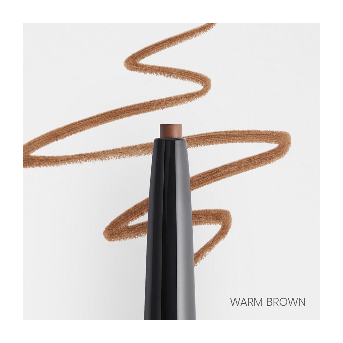 A RevitaLash Hi-Def Brow Pencil in a black case with a visible tip lies on a white backdrop. Brown lines labeled Warm Brown surround it, showcasing the natural look. This hypoallergenic, long-wear pencil from RevitaLash ensures flawless style all day. Available in 3 colors.
