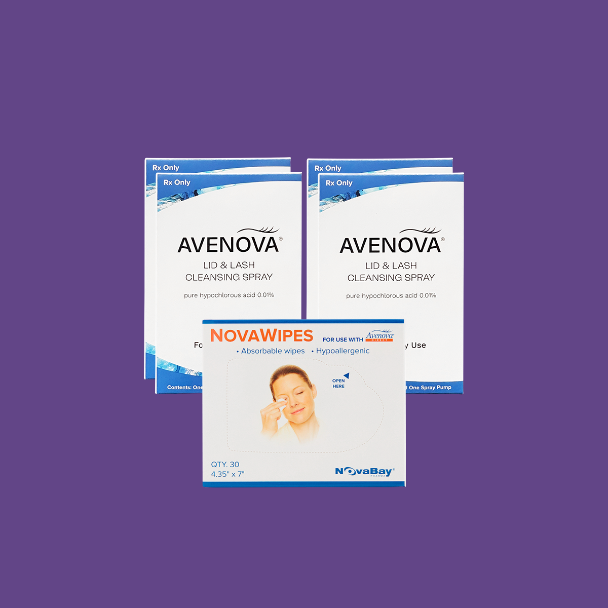 A 2-pack of Avenova Hypochlorous Spray Solution and a box of NovaWipes, both by NovaBay, are set against a purple background. The NovaWipes box displays an image of someone using the eyelid cleanser wipe.