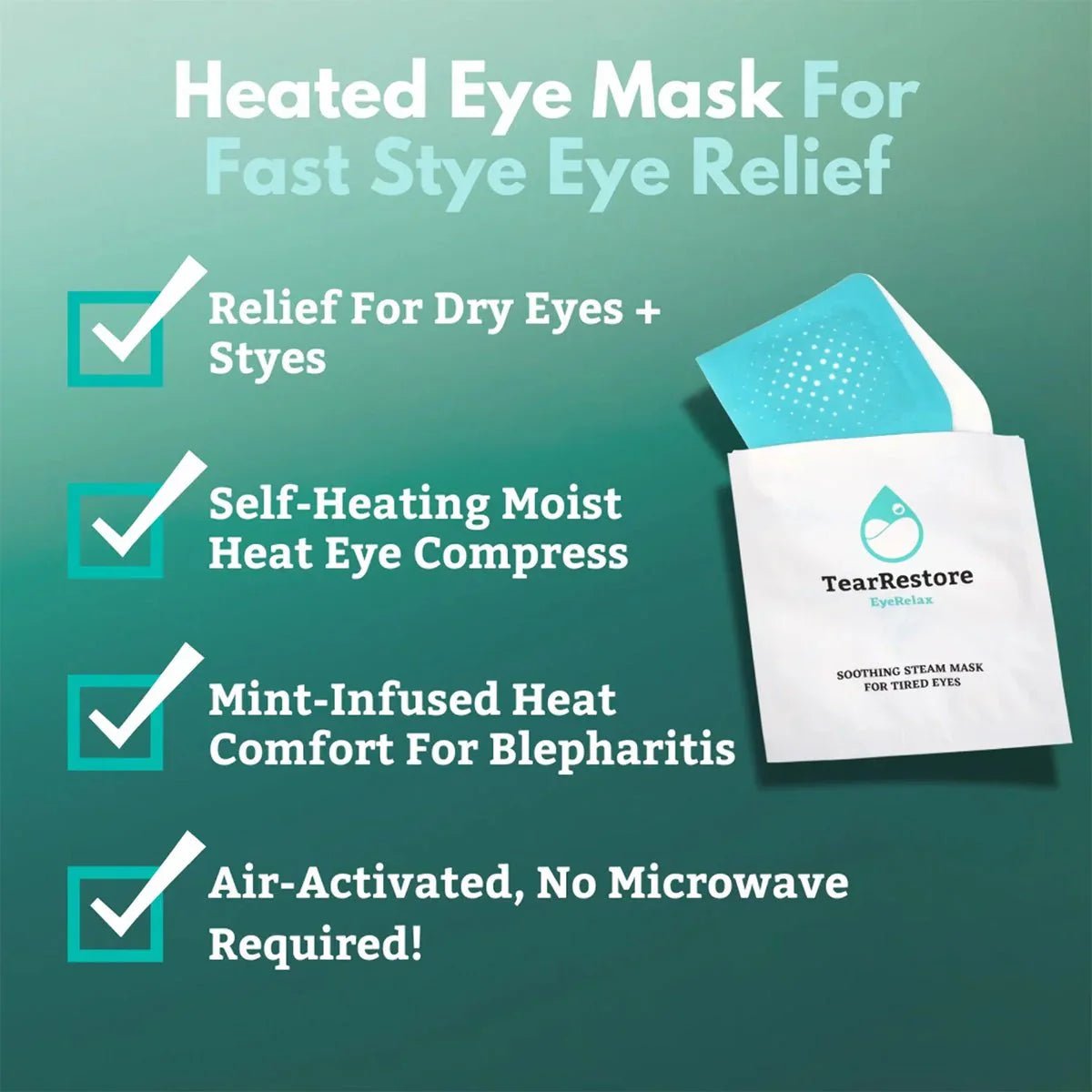 TearRestore EyeRelax Heated Eye Mask - Self Heating Mint Infused Steam Mask (10-pack) - Dryeye Rescue
