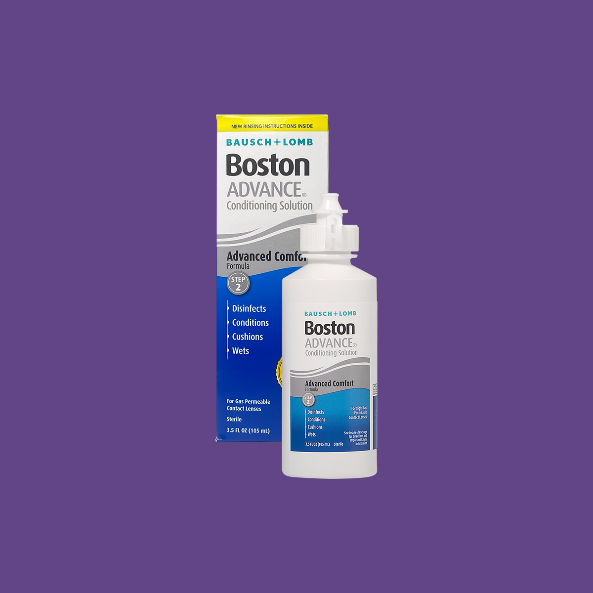 A bottle of Bausch & Lombs Boston Advance Conditioning Solution, 3.5oz, is displayed before its packaging against a purple backdrop. The box highlights its multi-polymer cushioning system for disinfecting, conditioning, and wetting gas permeable lenses.