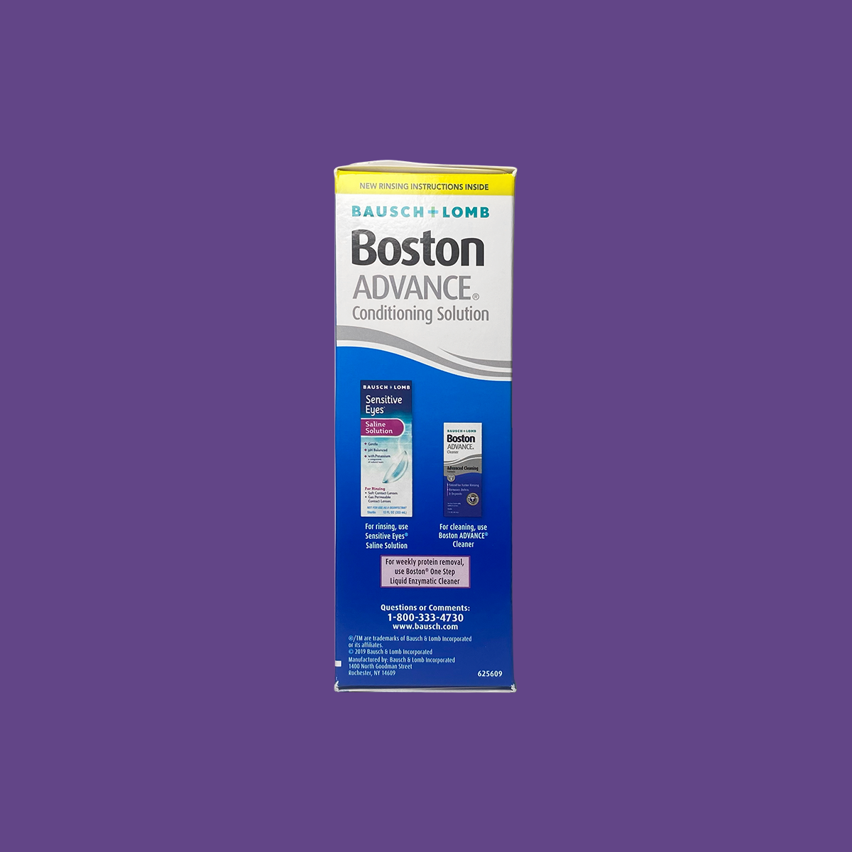 A 3.5oz box of Boston Advance Conditioning Solution by Bausch & Lomb is set against a purple backdrop, with blue and white packaging highlighting its multi-polymer cushioning system for gas permeable lenses, along with an image of the solution bottle.