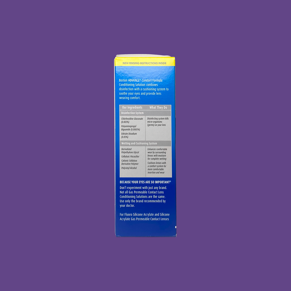 A purple box displays detailed product info highlighting eye care benefits, with ingredient purposes upfront and washing instructions inside a yellow label on top. The Bausch & Lomb Boston Advance Conditioning Solution, 3.5oz, features a multi-polymer cushioning system for enhanced comfort.