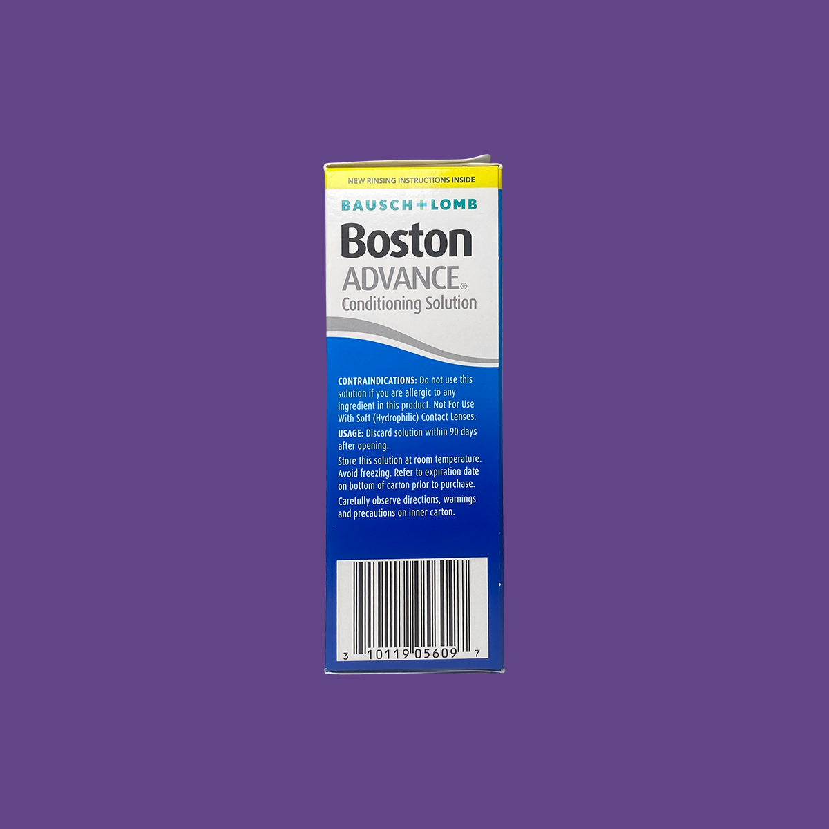 The Bausch & Lomb Boston Advance Conditioning Solution, 3.5oz box, shown on a purple background, displays caution and usage instructions for this gas permeable lens solution with a multi-polymer cushioning system and a barcode at the bottom.