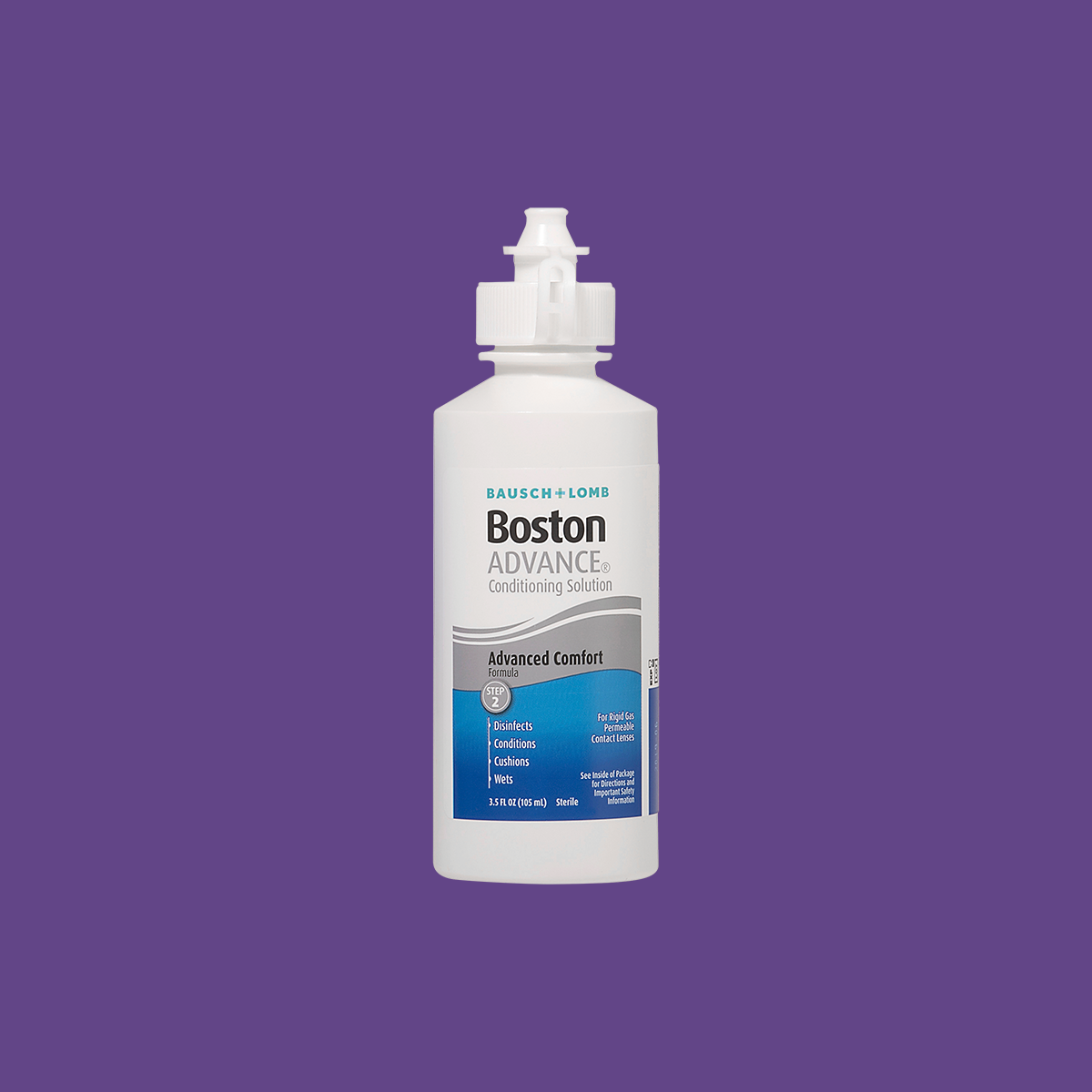 The Bausch & Lomb Boston Advance Conditioning Solution, 3.5oz, with its multi-polymer cushioning system for gas permeable lenses, ensures advanced comfort for cleaning and conditioning—a perfect contrast against a purple backdrop.