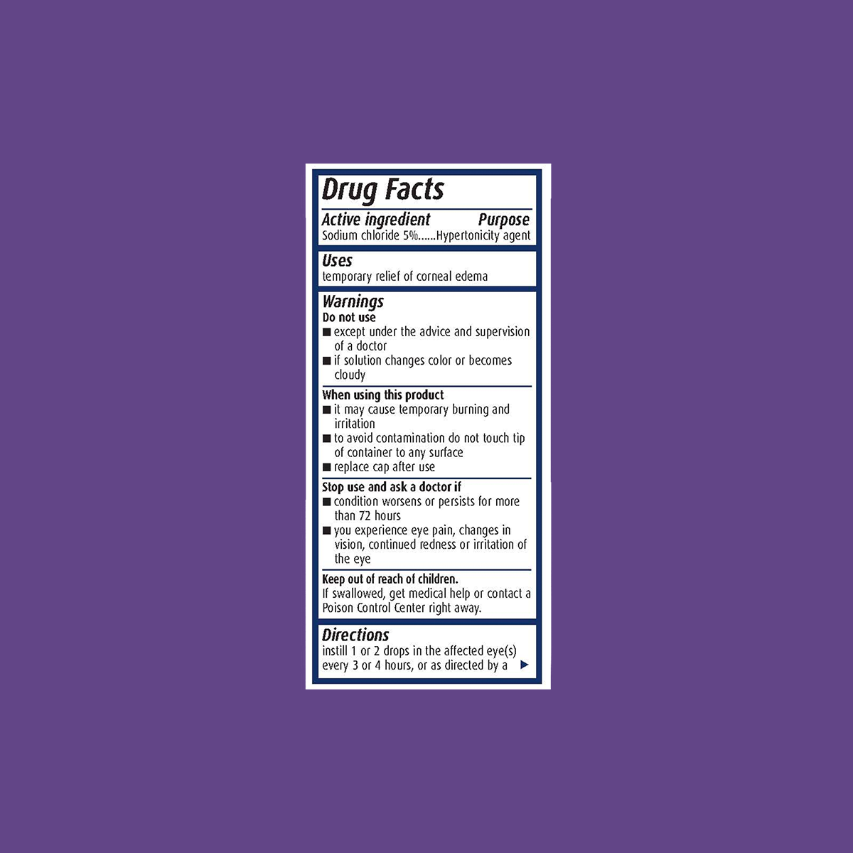 Against a purple backdrop, the drug facts label for Muro 128 by Bausch + Lomb showcases its sodium chloride 5% solution. It covers the active ingredient, temporary corneal edema relief use, warnings, directions, and additional eye drop instructions in a concise format.