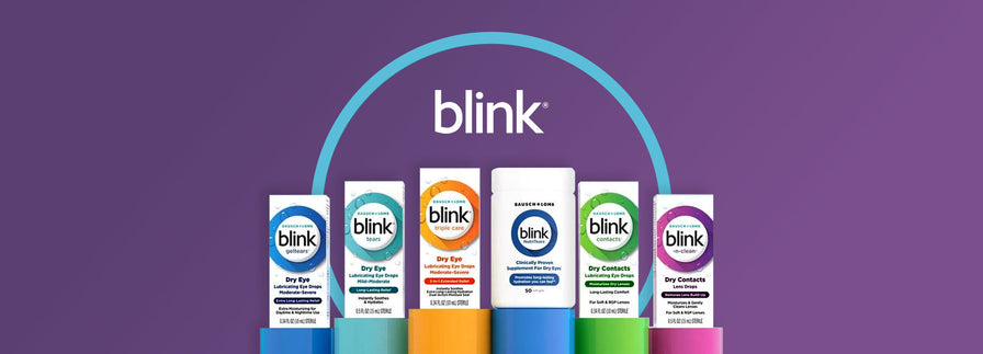 Assorted Blink eye care product packages are displayed against a purple background, featuring blue, orange, yellow, green, and pink boxes. The word blink is prominently shown above with a semicircle arc in blue.