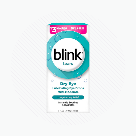 The Blink Tears Lubricating Eye Drops by Bausch + Lomb provide long-lasting comfort and instant hydration for dry eyes, packaged in a blue and white box with water droplets and a savings note on top.