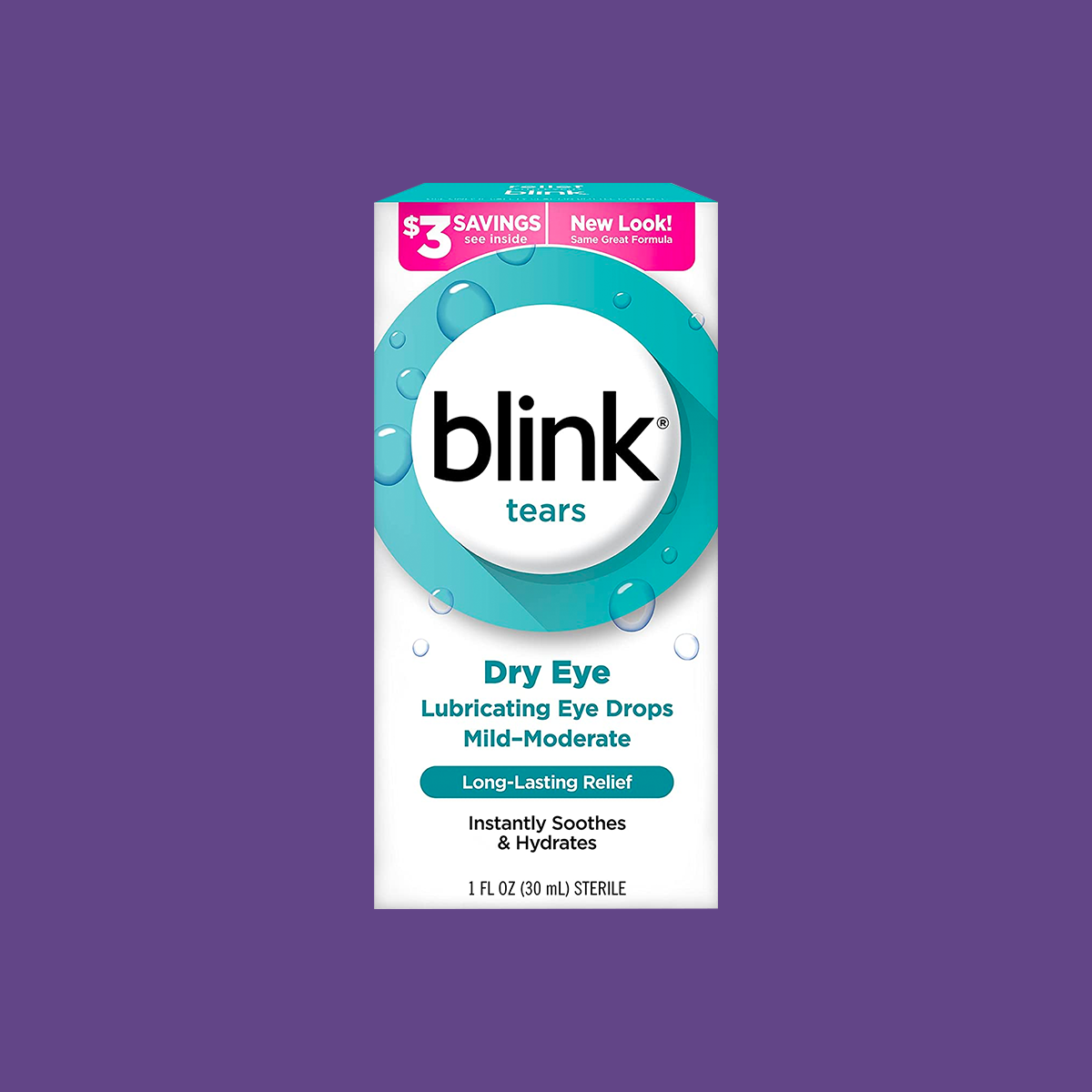 A box of Bausch + Lombs Blink Tears Lubricating Eye Drops is displayed, promoting long-lasting relief for mild to moderate dryness with instant soothing hydration, and includes a $3 savings offer.