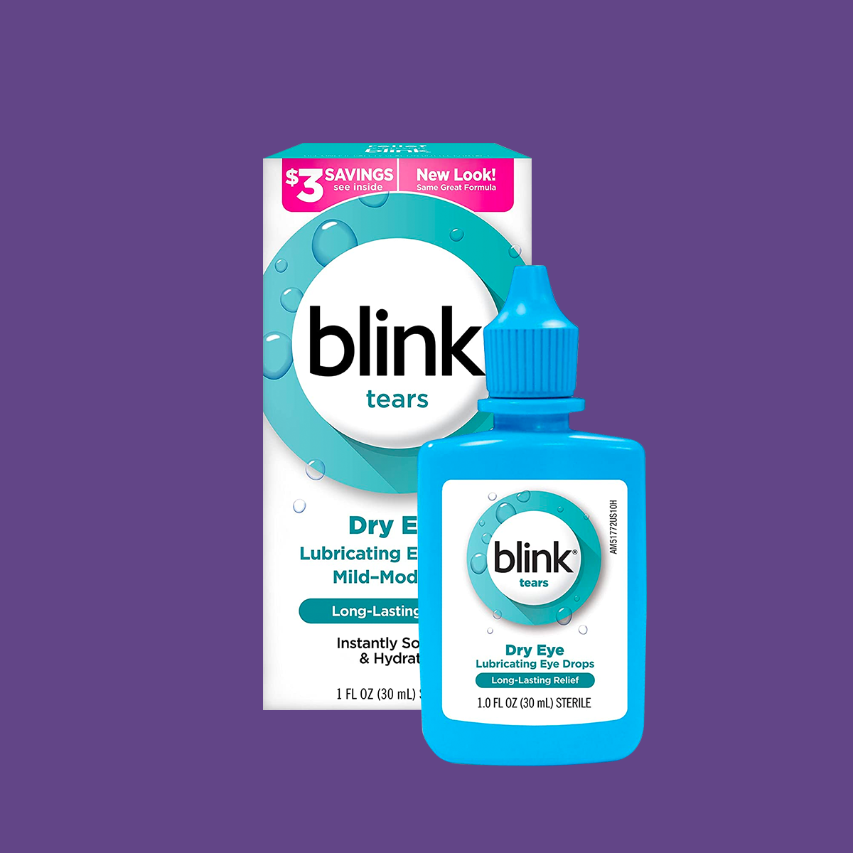 A blue Blink Tears Lubricating Eye Drops bottle by Bausch + Lomb is displayed with its packaging on a purple backdrop, featuring a $3 savings offer and promising soothing relief for dry eyes.