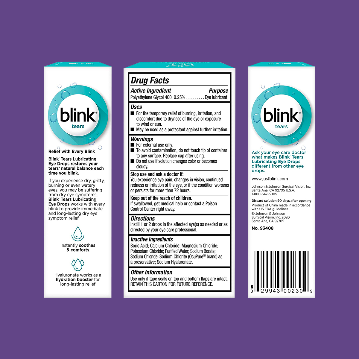Image of Bausch + Lombs Blink Tears Lubricating Eye Drops packaging on a purple background. The box highlights product information, usage directions, and ingredients. Promising dry eye relief, these drops feature an image of an eye dropper bottle for easy application and soothing comfort.