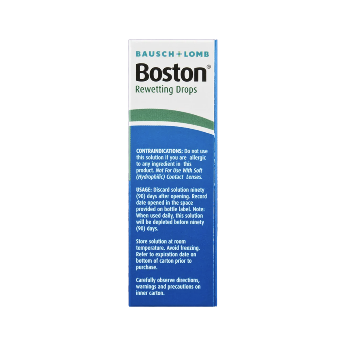 Boston Rewetting Eye Drops for Gas Permeable Contact Lenses by Bausch + Lomb enhance lens wettability. The label lists contraindications, usage, and storage details. Avoid if allergic to ingredients; not for use with soft lenses. Comes in a 0.33 Fl Oz size.