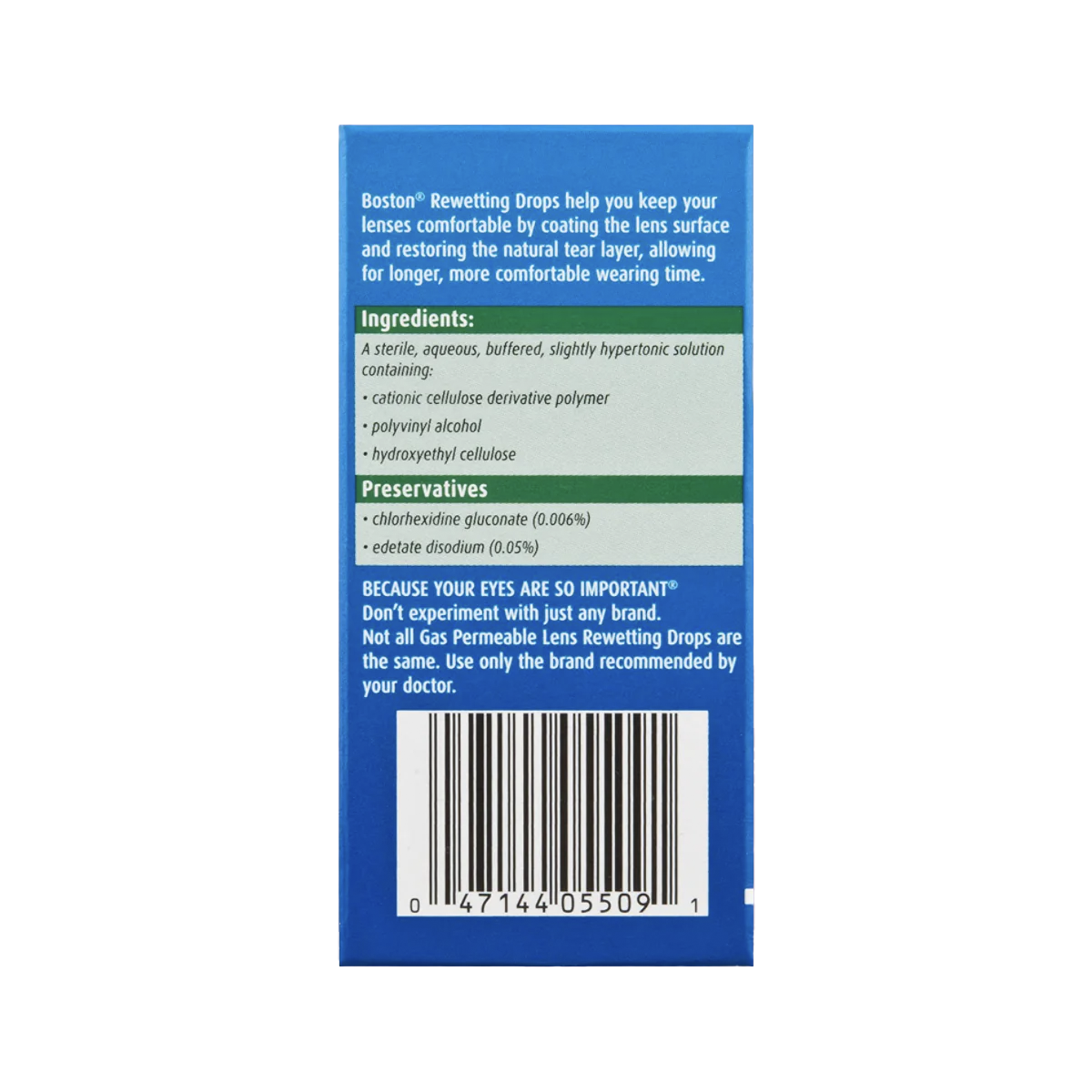 Boston Rewetting Eye Drops for GP Lenses by Bausch + Lomb, listing a cationic cellulosic polymer and polyvinyl alcohol to improve lens wettability, contains preservatives like chlorhexidine gluconate and edetate disodium.