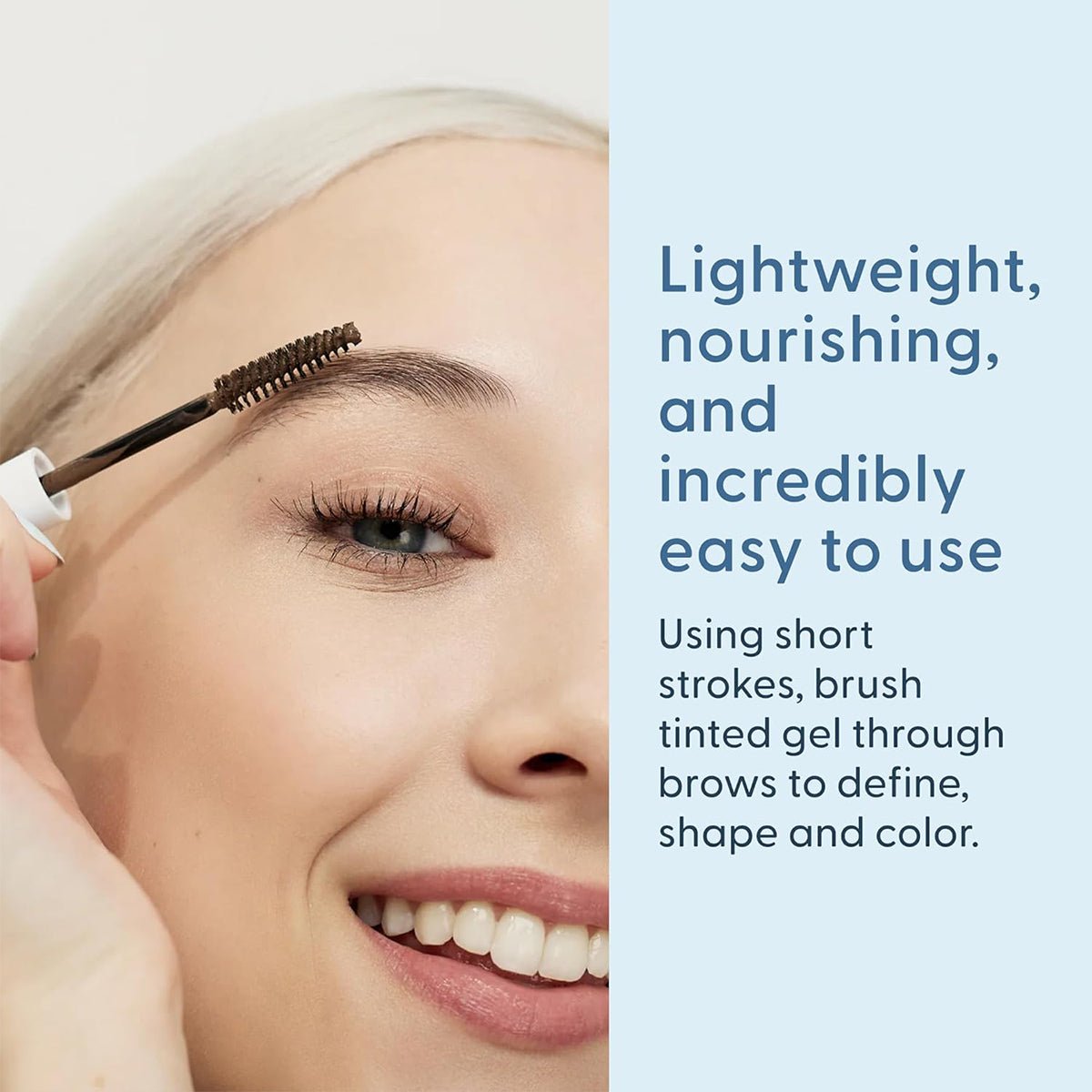 A person smiles while using Twenty Twenty Full Brows Tinted Gel, highlighted against a light blue background. This vegan, cruelty-free product is described as lightweight, nourishing, and easy to use for defining, shaping, and coloring brows for fuller eyebrows.