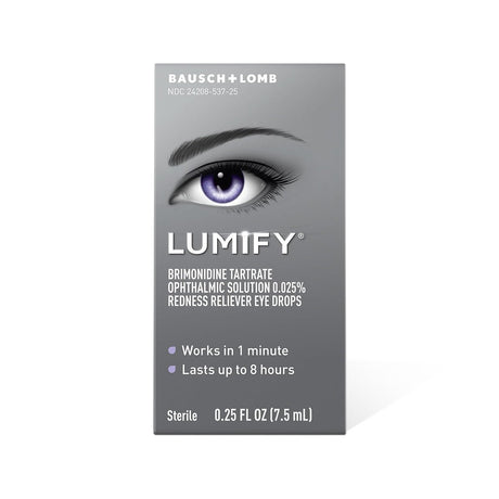 The packaging of Bausch + Lombs Lumify Eye Drops features a detailed eye with a purple iris on a grey box. Text highlights the redness relief in one minute lasting up to eight hours. Each package contains 0.25 fl oz (7.5 mL), part of the Lumify Eye Drops 2.5mL and 7.5mL supplies.