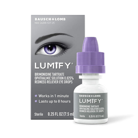 A box of Bausch + Lomb Lumify Eye Drops, available in 2.5mL and 7.5mL for 1 to 3-month supplies, sits beside a small bottle featuring an eye illustration and noting that its brimonidine formulation relieves redness in just 1 minute, lasting up to 8 hours.