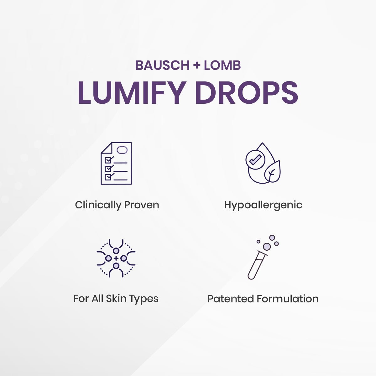 Image with icons promoting Lumify Eye Drops by Bausch + Lomb, featuring text: Clinically Proven, Hypoallergenic, For All Skin Types, and Patented Brimonidine Formulation. Discover unparalleled redness relief with LUMIFY Redness Reliever, available in 2.5mL and 7.5mL (1 and 3 month supplies).
