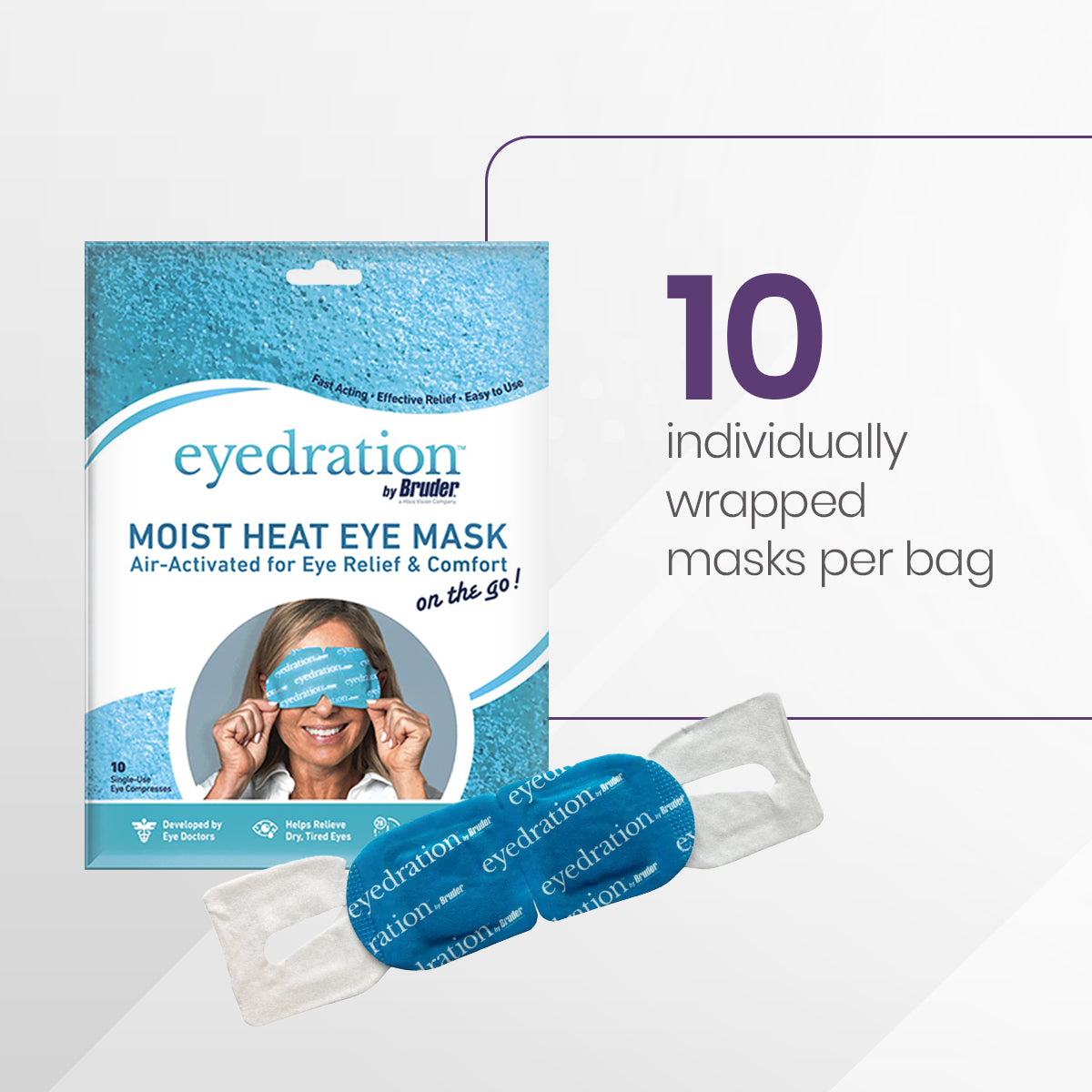 The Bruder Eyedration packaging highlights air-activated steam masks with a central image of the product, stating 10 individually wrapped masks per bag for soothing relief and comfort for dry eyes.
