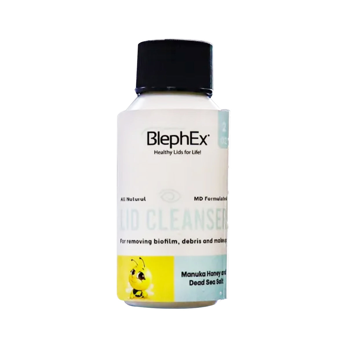 The Blephex Lid Cleanser in a white bottle with a black cap features a bee illustration. The label emphasizes All Natural and MD Formulated, highlighting Manuka Honey and Dead Sea Salt for rejuvenating lid care.