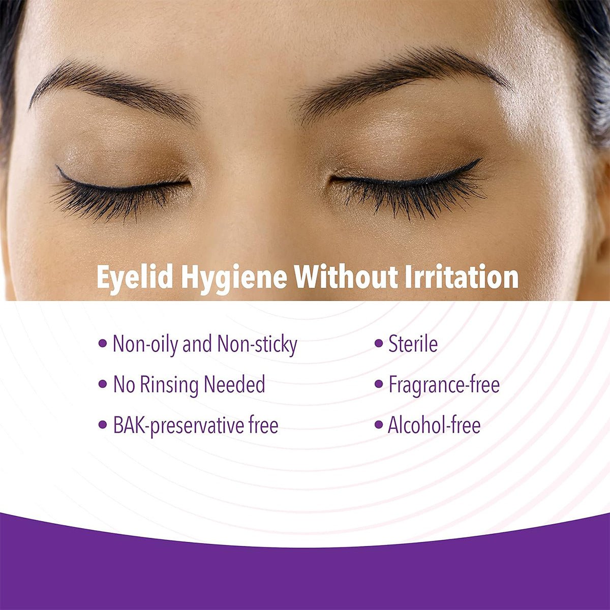 Close-up of a womans closed eyes promoting Theas iVIZIA Micellar Eyelid Cleanser for sensitive eyelids. Features include non-oily texture, no rinsing, BAK-preservative-free, sterile, fragrance-free, and alcohol-free formula. Displayed on a purple and white background.