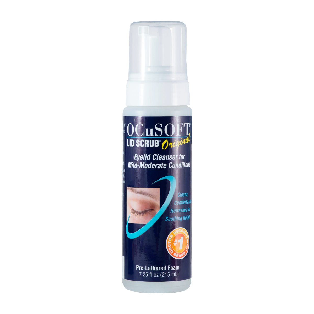 The OCuSOFT Lid Scrub Original Foaming Eyelid Cleanser is a 7.25 fl oz (215 ml) bottle of pre-lathered foam ideal for maintaining mild to moderate lid hygiene. The label highlights its cleaning, soothing, and refreshing properties and its suitable for contact lens users.