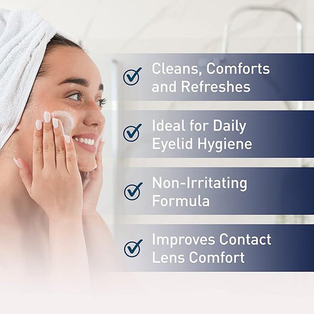 A person with a towel-wrapped head applies OCuSOFT Lid Scrub Original Foaming Eyelid Cleanser, highlighting benefits: cleans, comforts, refreshes; perfect for daily lid hygiene; non-irritating formula enhances contact lens comfort.