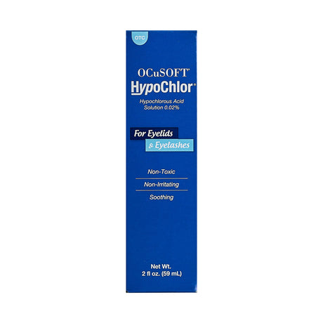 A blue rectangular box contains OCuSOFT HypoChlor Spray, a hypochlorous acid solution for eyelid and eyelash cleansing. Its non-toxic, non-irritating, and soothing. Net weight: 2 fl oz (59 ml).