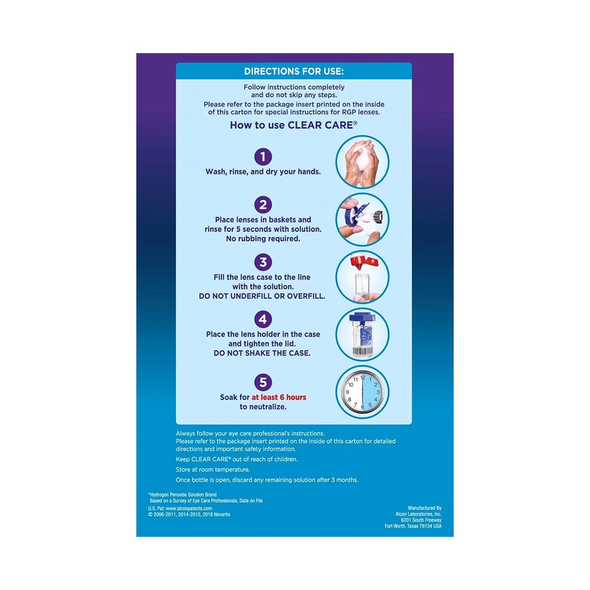 The Alcon Clear Care Triple Action Cleaning and Disinfecting Solution instructions are shown in four steps on a blue gradient background with icons for washing hands, lens placement, filling with hydrogen peroxide solution, and soaking for six hours using its preservative-free formula.