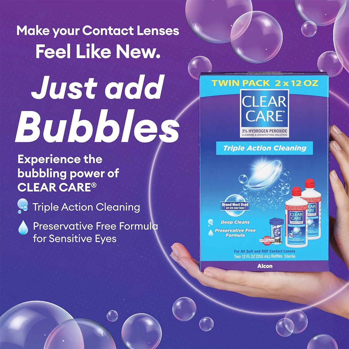 A box of Alcons Clear Care Triple Action Cleaning and Disinfecting Solution with Case, Twin Pack, is held in hand, emphasizing its bubbling power and preservative-free formula for sensitive eyes. Soap bubbles on a purple gradient are in the background.